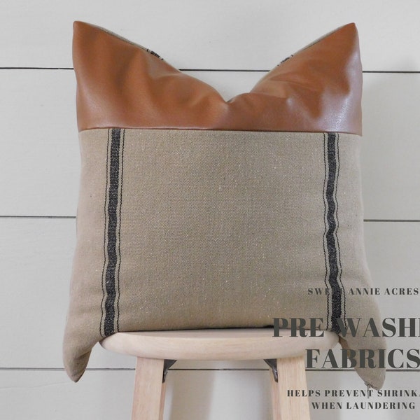 Grain Sack Pillow Cover with Faux Leather Accent | Feed Sack Pillow Cover | Farmhouse Pillow Cover | Black 3 Stripe | Brown Fabric