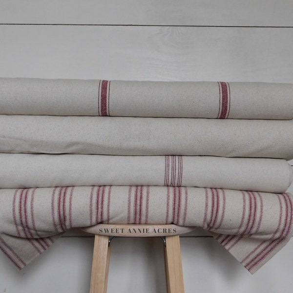 Feed Sack Fabric By The Yard | Farmhouse Fabric | Ticking Fabric | Burgundy Striped Stripe | Beige Background | CHOOSE YOUR STRIPE