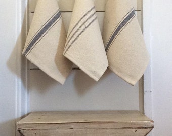Blue 9 Stripe Grain Sack Washcloth | Grain Sack Dishcloth | Kitchen Towel | Beige Fabric | 11"x11"