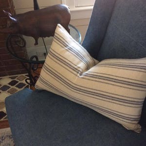 Grain Sack Lumbar Pillow Cover | Farmhouse Lumbar Pillow  Cover | Ticking Pillow Cover | Beige Background | Blue 12 Stripe | Zipper Closure