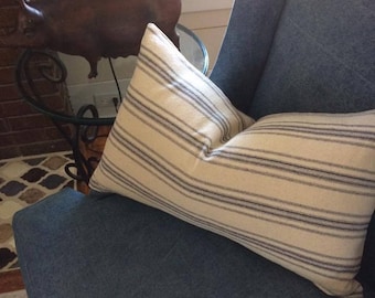 Grain Sack Lumbar Pillow Cover | Farmhouse Lumbar Pillow  Cover | Ticking Pillow Cover | Beige Background | Blue 12 Stripe | Zipper Closure
