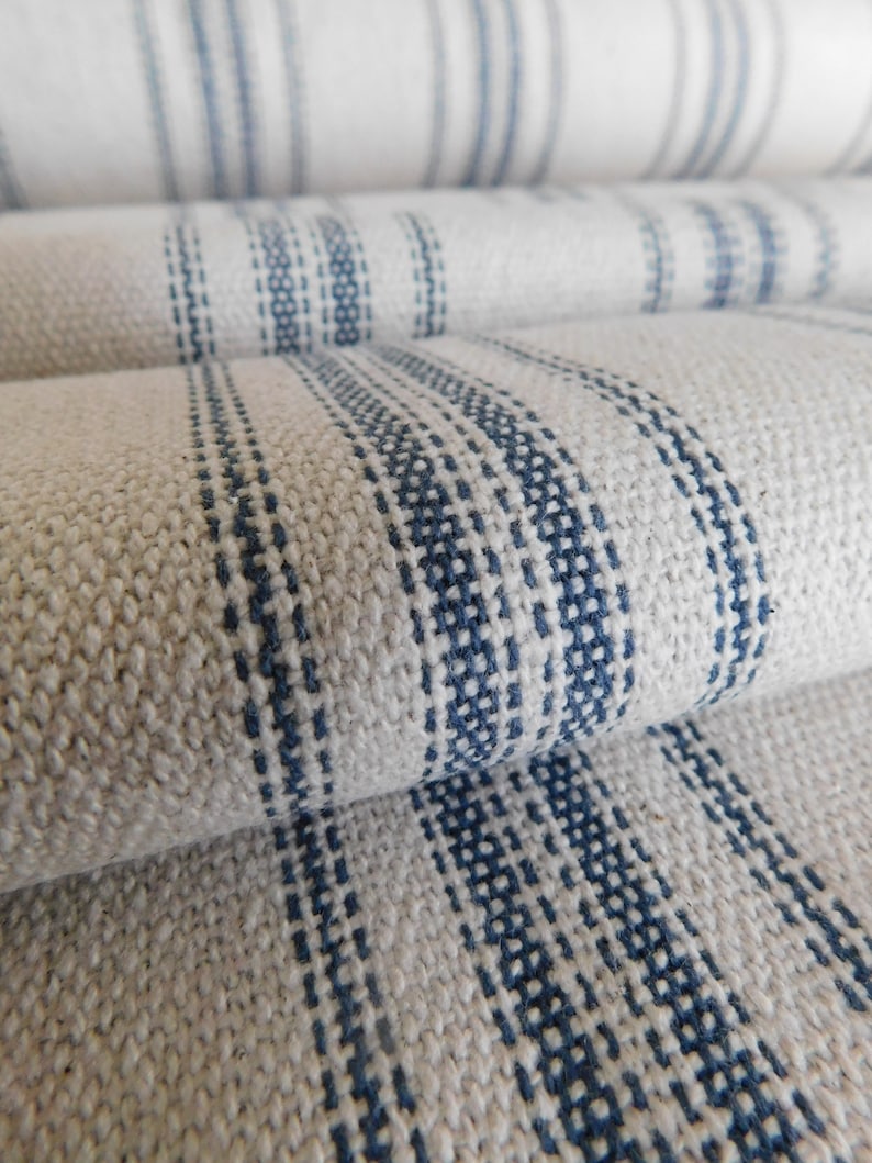 Feed Sack Fabric By The Yard Farmhouse Fabric Blue 12 Stripe Beige Background 54 Wide Upholstery Weight image 3