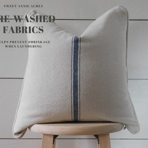1 Piped Edge Grain Sack Blue Striped Pillow Cover | Farmhouse Pillow Cover | Centered Blue 3 Stripe | Beige Fabric