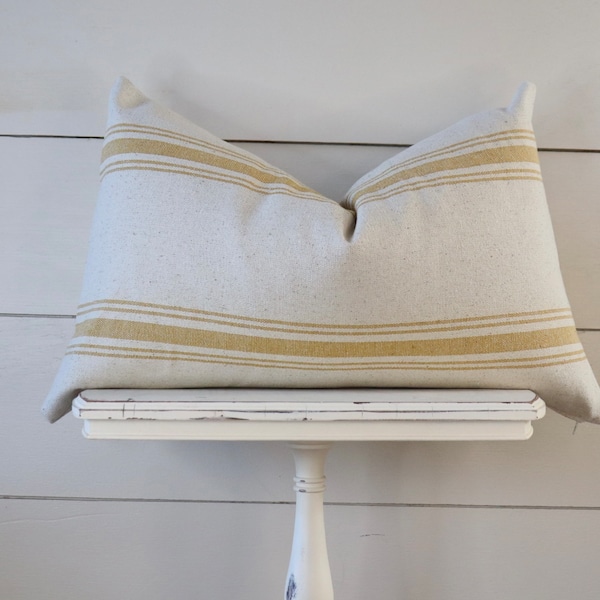 Mustard Stripe Grain Sack Lumbar Pillow Cover | Farmhouse Pillow Cover | Mustard and Beige Fabric | Zipper Closure