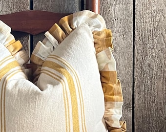Ruffled Grain Sack Pillow Cover | French Farmhouse Pillow Cover | Country Stripe | Beige Fabric | Striped Front | Solid Back