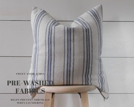 Grain Sack Blue Stripe Pillow Cover Farmhouse Grain Sack Pillow Cover