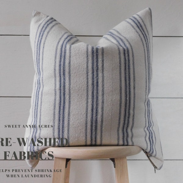 Grain Sack Blue Stripe Pillow Cover | Farmhouse Pillow Cover | Ticking Pillow Cover | Blue 12 Stripe | Beige Fabric | Zipper Closure