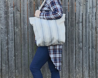 Grain Sack Market Bag | Feed Sack Reusable Bag | Rustic Aldi Bag | Farmhouse Shopping Bag | Beige Fabric w/Blue 12 Stripe