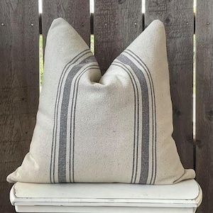 Grain Sack Stripe Pillow Cover Farmhouse Pillow Cover Ticking Striped Pillow Cover Gray 5 Stripe Zippered Closure Beige Fabric image 1