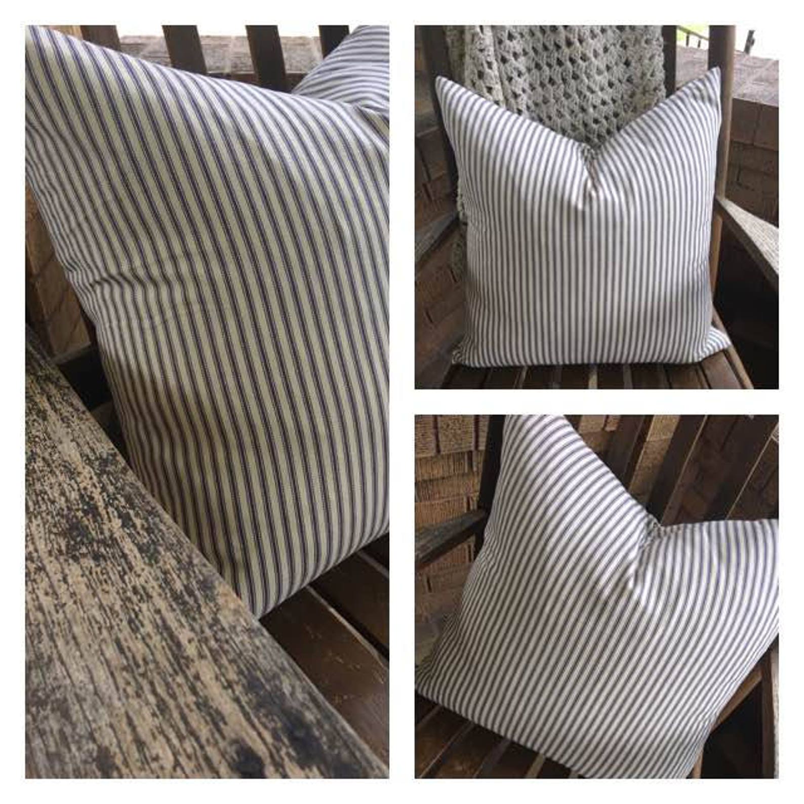 Blue Ticking Stripe Pillow Cover Farmhouse Pillow Cover Etsy