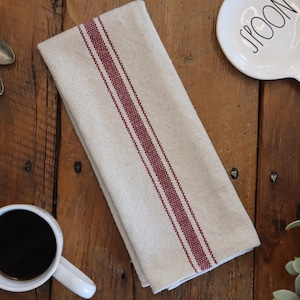 Grain Sack Kitchen Towel | Flour Sack Tea Towel | Farmhouse Hand Towel | Rustic Dish Towel | Burgundy 3 Stripe
