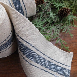 Grain Sack Striped Ribbon | Striped Garland | Farmhouse Ribbon | Blue 3 Stripe | Beige Fabric | 7ft