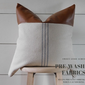 Grain Sack Pillow Cover with Faux Leather Accent | Feed Sack Pillow Cover | Farmhouse Pillow Cover | Blue 9 Stripe | Beige Fabric