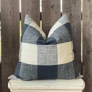 Blue Buffalo Check Pillow Cover | Farmhouse Pillow Cover | Country Pillow Cover | Blue & Cream Checkered | Zippered Closure