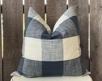 Blue Buffalo Check Pillow Cover | Farmhouse Pillow Cover | Country Pillow Cover | Blue & Cream Checkered | Zippered Closure