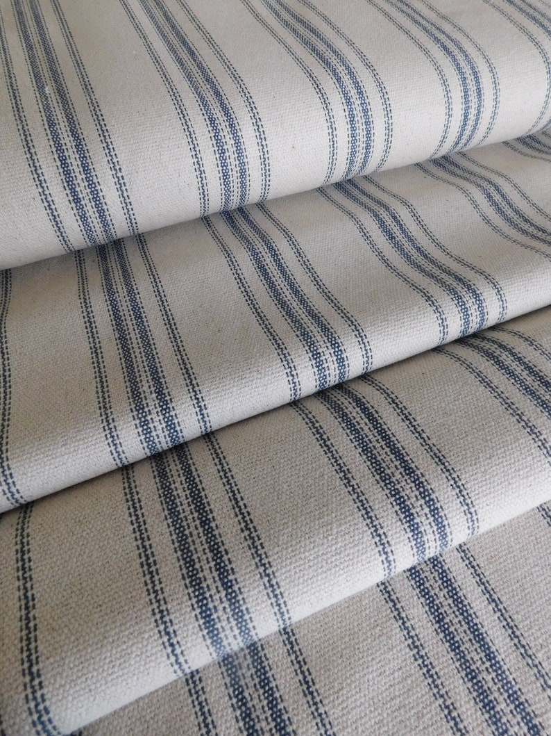 Feed Sack Fabric By The Yard Farmhouse Fabric Blue 12 Stripe Beige Background 54 Wide Upholstery Weight image 4