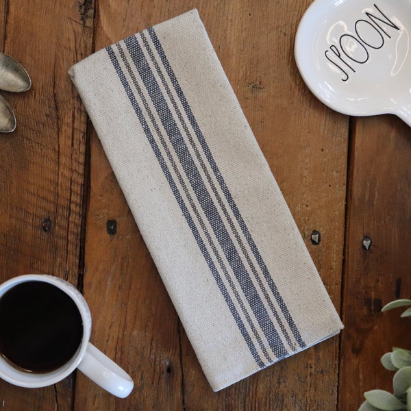 Grain Sack Kitchen Towel | Flour Sack Tea Towel | Farmhouse Hand Towel | Rustic Dish Towel | Blue and Gray 5 Stripe