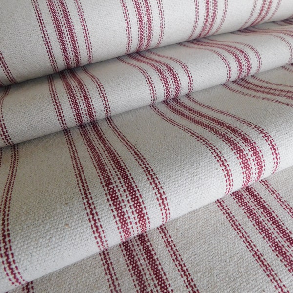 Grain Sack Fabric | Farmhouse Fabric | Burgundy 12 Stripe | Beige Background | 54" Wide | Upholstery Weight