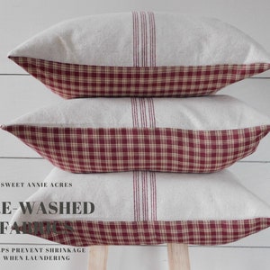 Grain Sack & Checkered Pillow Cover | Farmhouse Pillow Cover | Burgundy 9 Stripe | Beige Fabric | Checkered Back | Zipper Closure