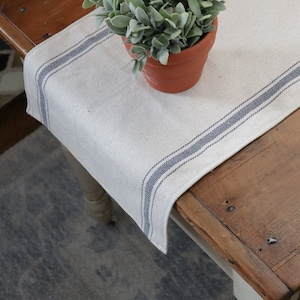 Table Runner/Beige Grain Sack Fabric/Blue Stripe/14&quot;-15&quot; Wide