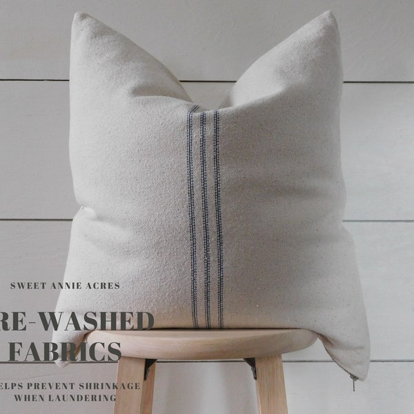 Grain Sack Blue Stripe Pillow Cover | Farmhouse Pillow Cover | Blue Ticking Pillow Cover | Blue 9 Stripe | Beige Fabric | Zipper Closure
