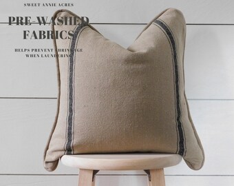 CLEARANCE! | Piped Edge Grain Sack Striped Pillow Cover | Farmhouse Pillow Cover | Feed Sack Pillow | Double Black 3 Stripe | Brown Fabric