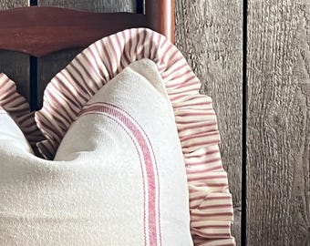Grain Sack Ruffled Pillow Cover | Beige Fabric | Striped Front | Solid Back | Contrasting Ruffle