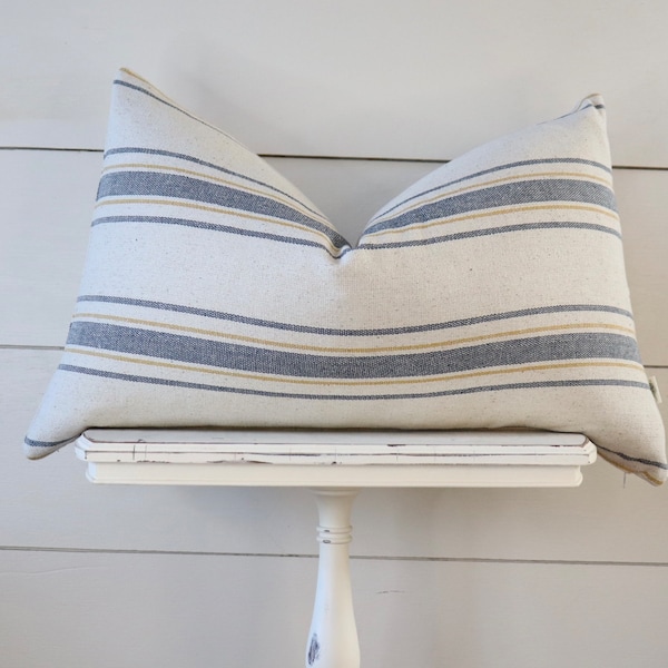 Blue & Mustard Stripe Grain Sack Lumbar Pillow Cover | Farmhouse Pillow Cover | Blue, Mustard and Beige Fabric | Zipper Closure