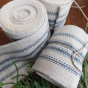 Nastro a righe per sacchi di grano / Ghirlanda a righe / Nastro da fattoria / Strisce blu 12 / Tessuto beige / 7 piedi