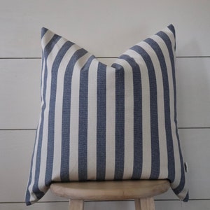 1 Wide Blue Striped Pillow Cover | Woven Stripe Pillow Cover | Farmhouse Pillow Cover | Solid Cream Backing | Zipper Closure