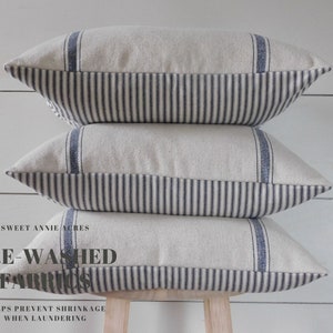 Grain Sack & Ticking Pillow Cover | Farmhouse Pillow Cover | Blue 3 Stripe | Ticking Back | Beige Fabric | Zipper Closure