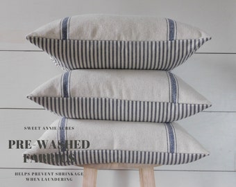 Grain Sack & Ticking Pillow Cover | Farmhouse Pillow Cover | Blue 3 Stripe | Ticking Back | Beige Fabric | Zipper Closure