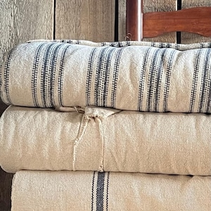 Grain Sack Fabric By The Yard | Farmhouse Fabric | Ticking Fabric | Upholstery Fabric | Blue Striped Fabric | Beige Background | 54&quot; Wide