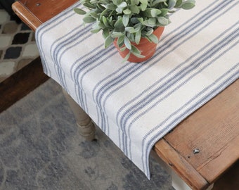 Table Runner/Beige Grain Sack Fabric/Blue 12 Stripe/17" Wide