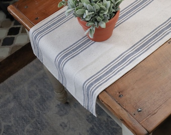 Grain Sack Table Runner | Farmhouse Table Runner | Beige Grain Sack Fabric | Blue & Gray 5 Stripe | 14" Wide