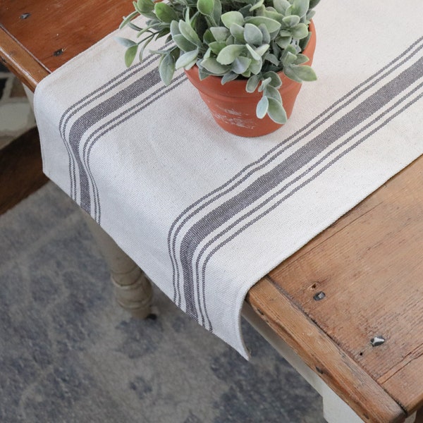 Grain Sack Table Runner | Farmhouse Table Runner | Beige Grain Sack Fabric | Gray 5 Stripe | 14" Wide