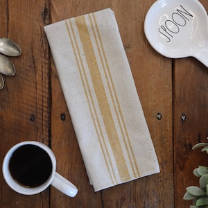 Grain Sack Kitchen Towel | Flour Sack Tea Towel | Farmhouse Hand Towel | Rustic Dish Towel | Golden Yellow 5 Stripe