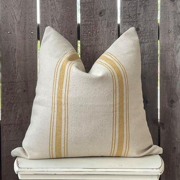 Grain Sack Stripe Pillow Cover | Farmhouse Pillow Cover | Yellow Stripe Pillow Cover | Mustard 5 Stripe | Zippered Closure | Beige Fabric