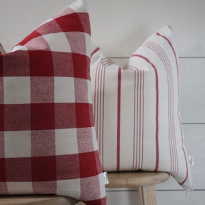 1 MIX & MATCH | Red Farmhouse Pillow Cover | Woven Pillow Cover | Linen Pillow Cover | Solid Cream Backing | Zipper Closure