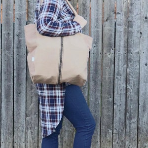 1 Grain Sack Market Bag | Feed Sack Reusable Bag | Rustic Aldi Bag | Farmhouse Shopping Bag | Brown Fabric w/Black Stripe