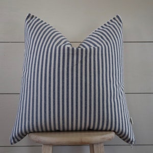 Small Blue Striped Pillow Cover | Woven Stripe Pillow Cover | Farmhouse Pillow Cover | Solid Cream Backing | Zipper Closure