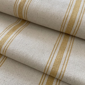 Grain Sack Fabric | Feed Sack Fabric | Farmhouse Fabric | Mustard 5 Stripe | Beige Background | 54&quot; Wide | Upholstery Weight