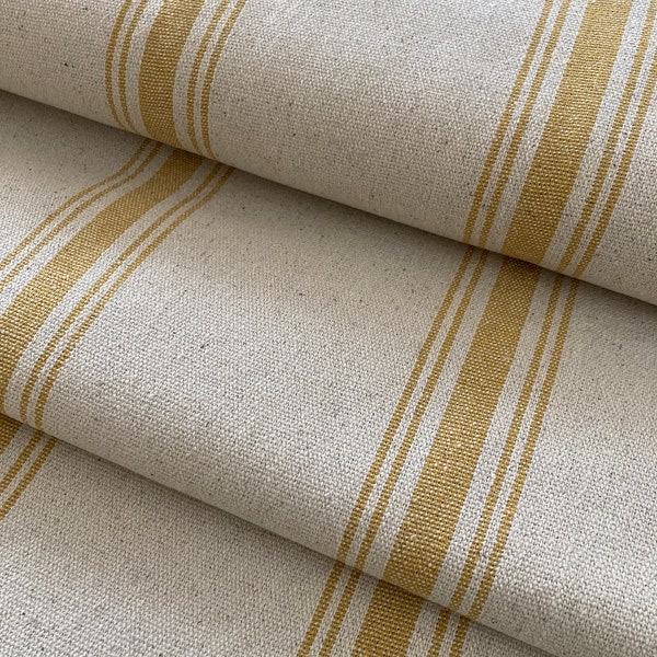 Grain Sack Fabric | Feed Sack Fabric | Farmhouse Fabric | Mustard 5 Stripe | Beige Background | 54" Wide | Upholstery Weight