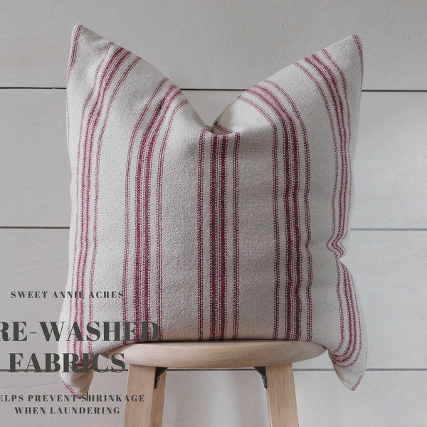 Grain Sack Burgundy Stripe Pillow Cover | Farmhouse Pillow Cover | Ticking Pillow Cover | Burgundy 12 Stripe | Beige Fabric | Zipper Closure