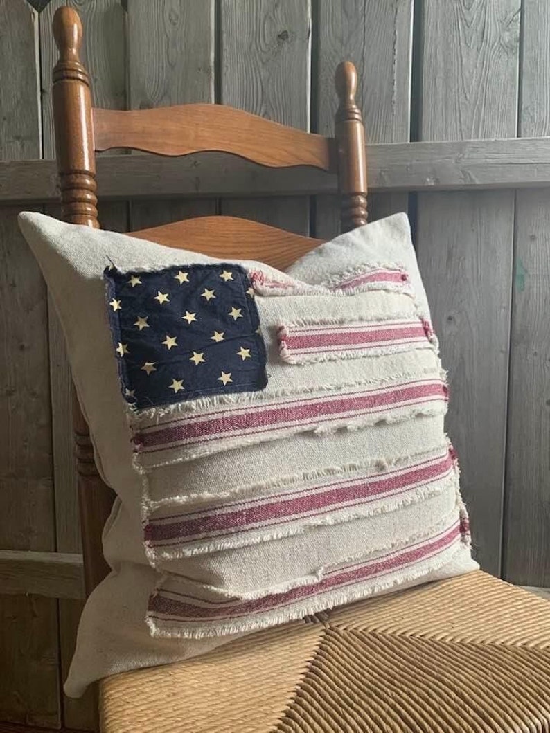 Grain Sack Flag Pillow Cover Americana 4th of July Memorial Day Labor Day 20 COVER ONLY image 1