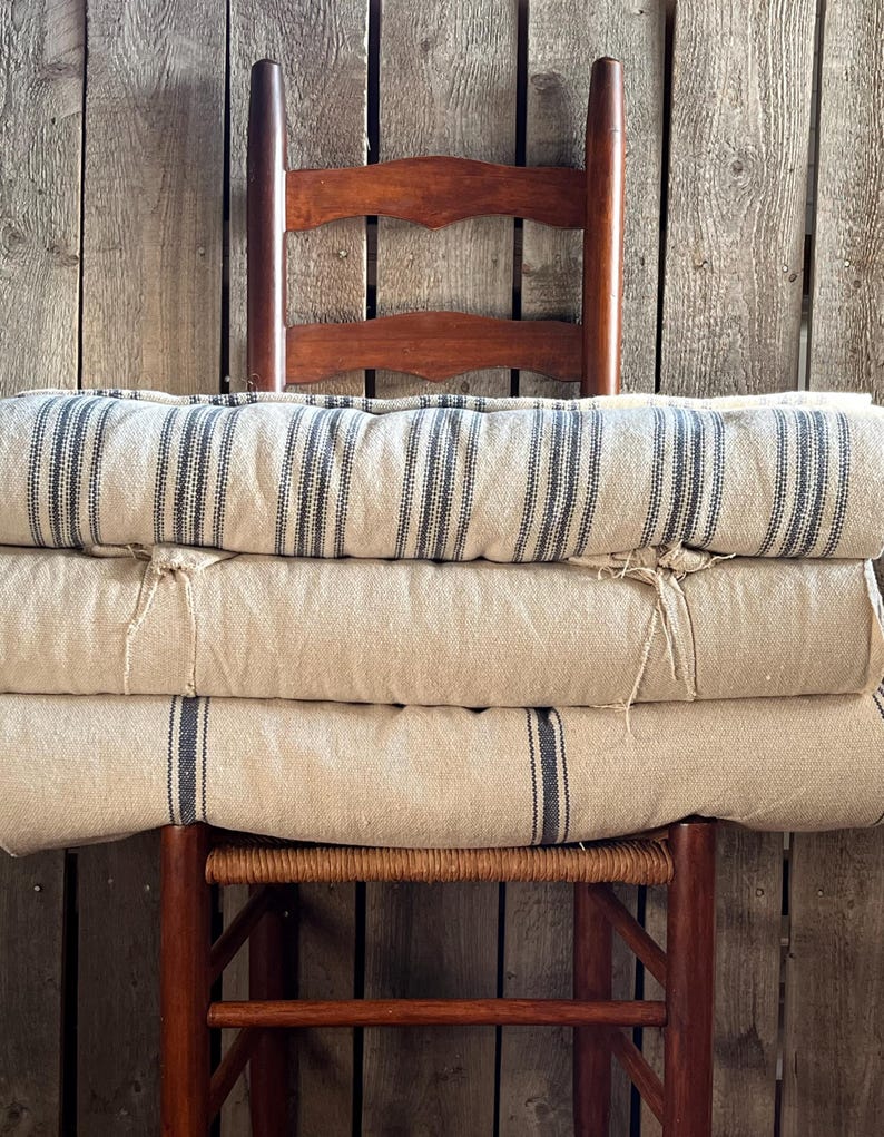 Grain Sack Fabric By The Yard | Farmhouse Fabric | Blue Stripe Stripe | Beige Background | 54" Wide | Upholstery Fabric | CHOOSE YOUR STRIPE image 1