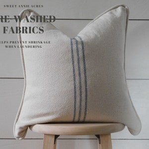 Piped Edge Grain Sack Blue Stripe Pillow Cover | Feed Sack Cover | Farmhouse Pillow Cover | Blue 9 Stripe | Beige Fabric