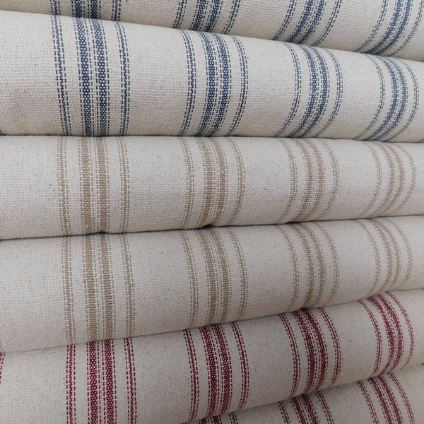 Farmhouse Fabric By The Yard | Grain Sack Fabric | Feed Sack Fabric | Upholstery Fabric | 12 Stripe Fabric |  Beige Background | 54" Wide