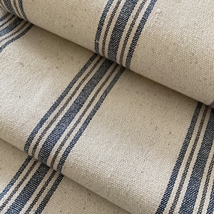 NEW! Grain Sack Fabric  | Feed Sack Fabric | Farmhouse Fabric | Blue & Gray 5 Stripe | Beige Background | 54" Wide | Upholstery Weight