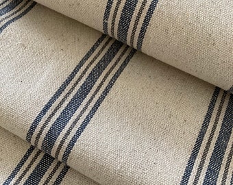 NEW! Grain Sack Fabric  | Feed Sack Fabric | Farmhouse Fabric | Blue & Gray 5 Stripe | Beige Background | 54" Wide | Upholstery Weight